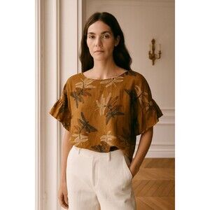 Linen Dragonfly Print Top Size Small Brown Ruffle Sleeve Boxy Made in Italy